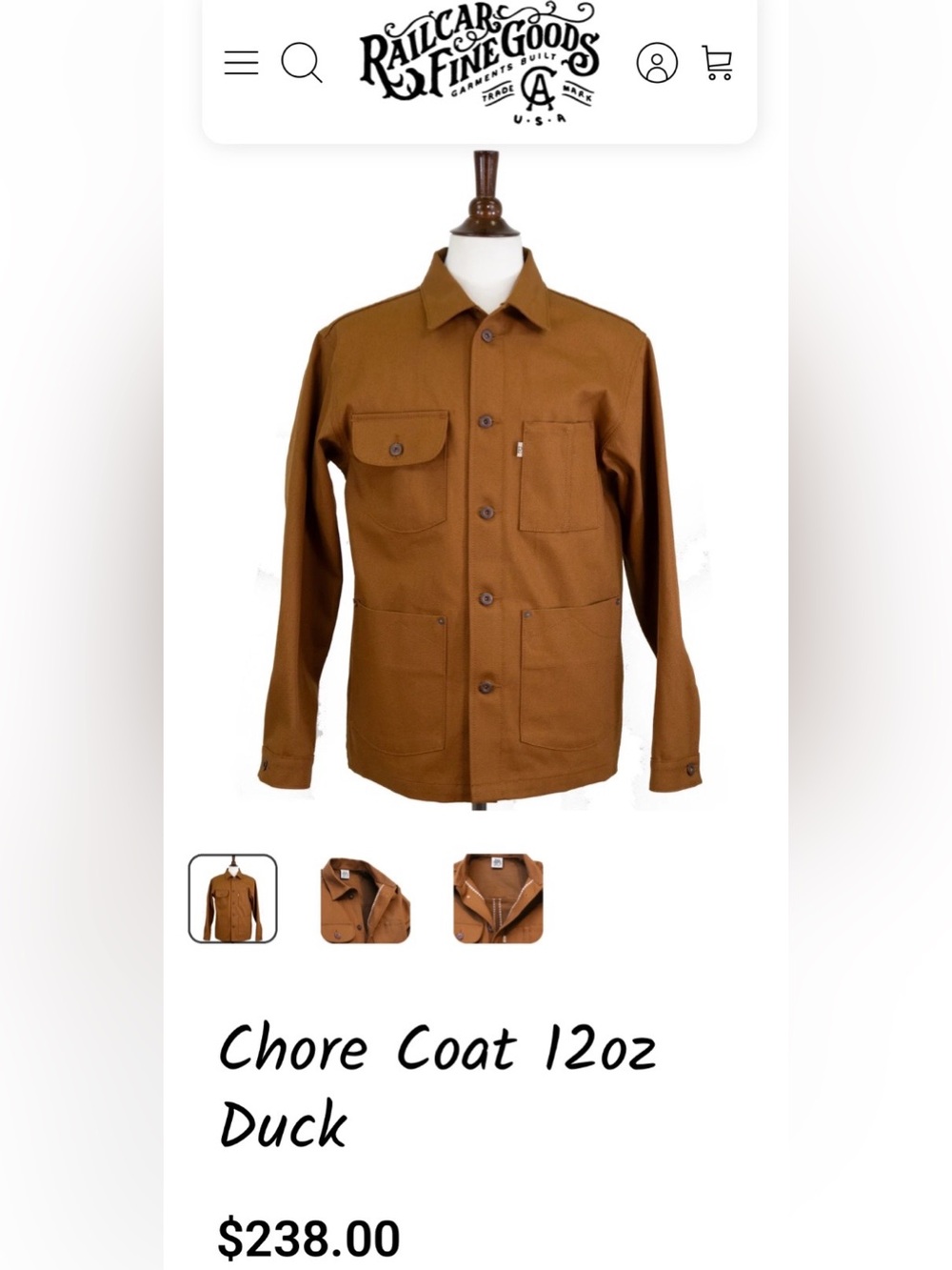 RAILCAR FINE GOODS — Chore Coat 12oz Duck